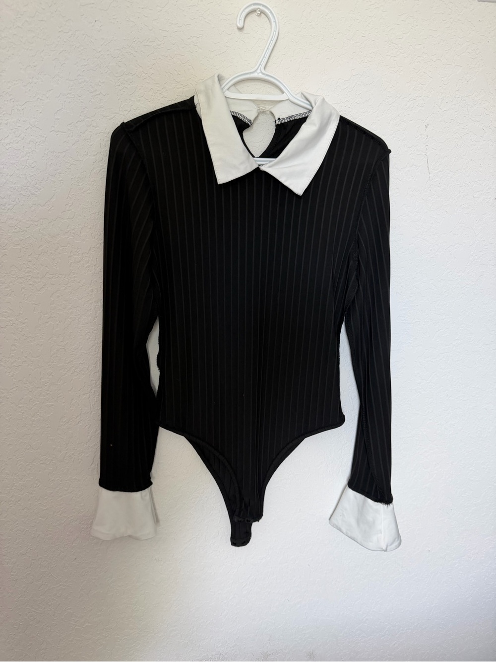 Kids Black Pinstripe One-Piece Bodysuit with White Collar and Cuffs